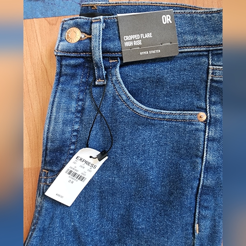 EXPRESS Cropped Flare High-Rise Jeans - Dark Blue Denim